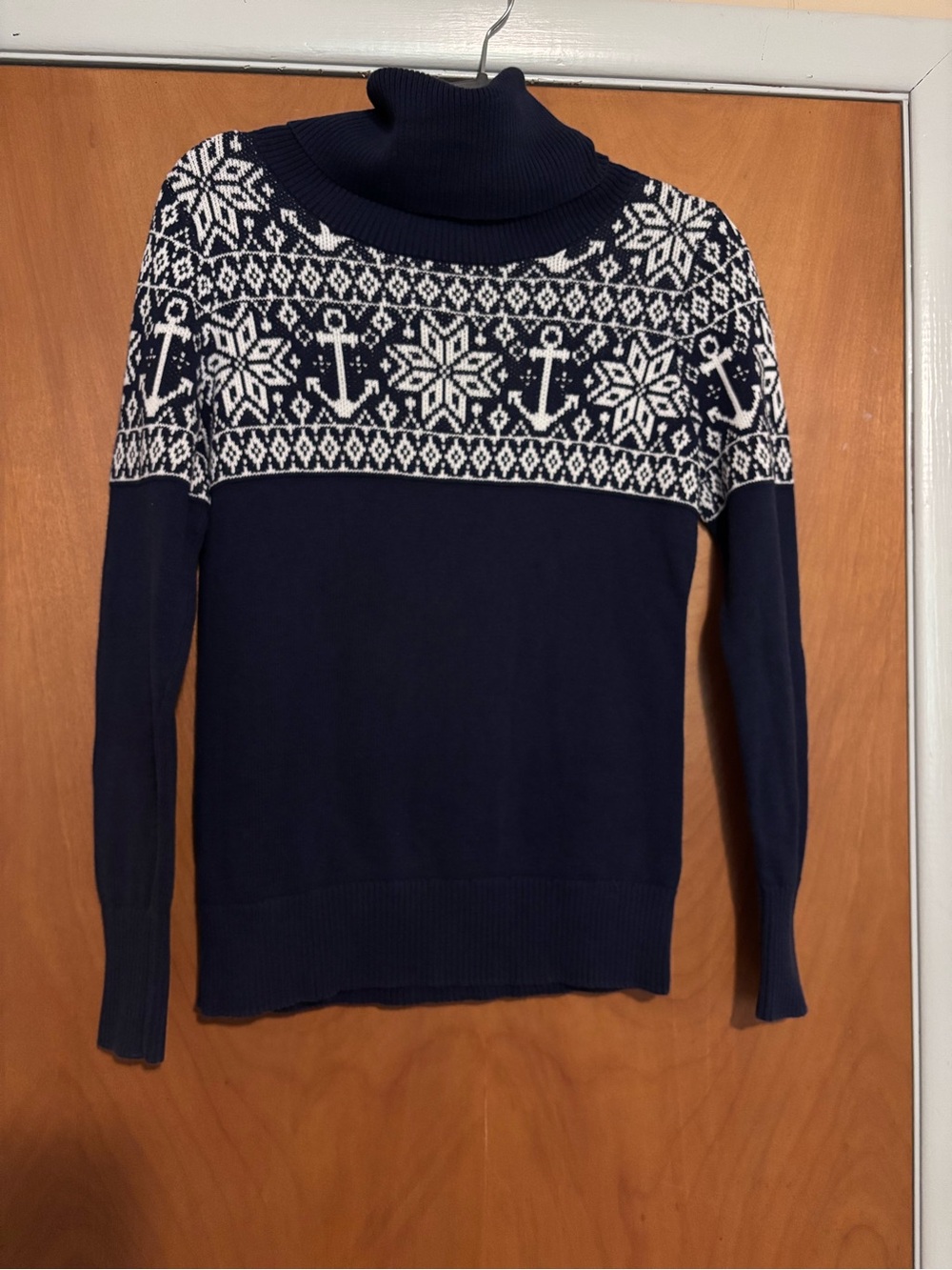 Nautica Navy and White Fair Isle Anchor Turtleneck Sweater